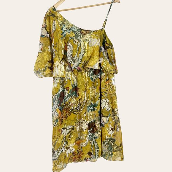 Hemant and Nandita Yellow Silk Metallic One Shoulder Mini Dress Size M - Picture 5 of 8